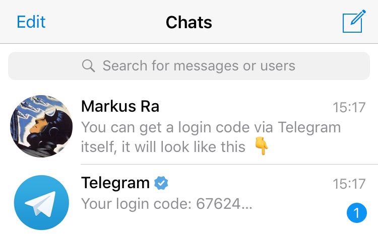 Mã đăng nhập Telegram được gửi ngay trong ứng dụng khi xác minh