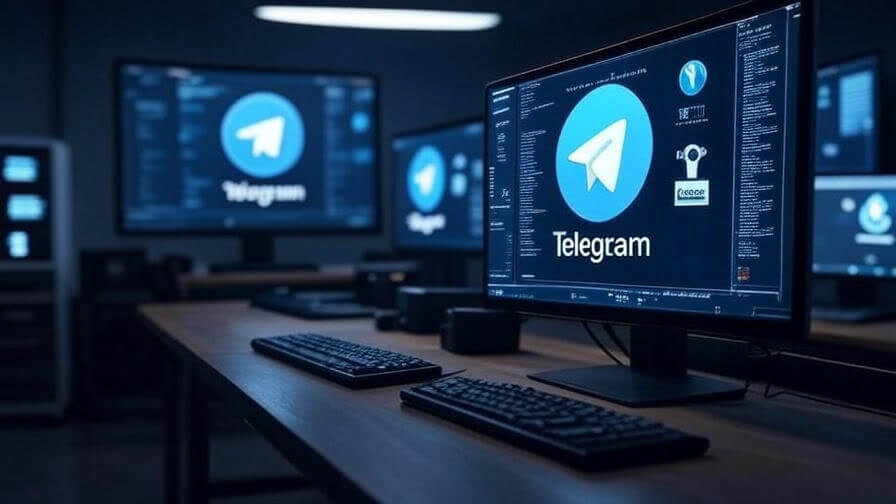 Nhiều màn hình hiển thị logo và giao diện Telegram