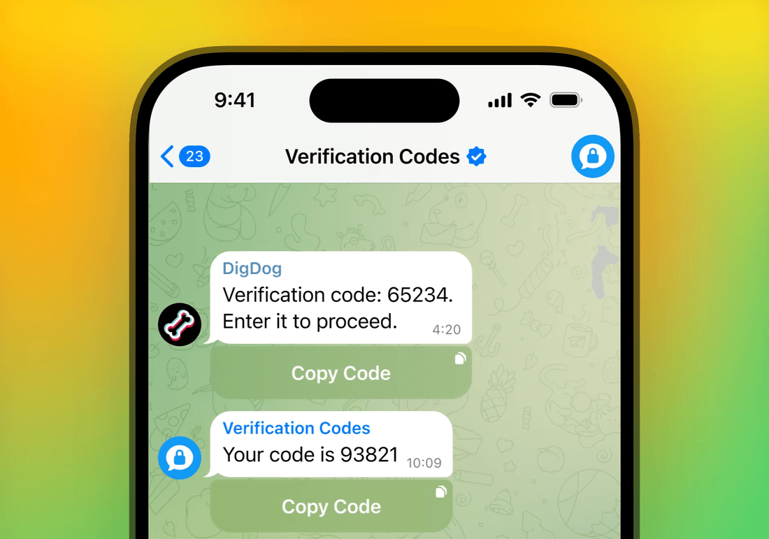 Màn hình mã xác minh Telegram trên iPhone