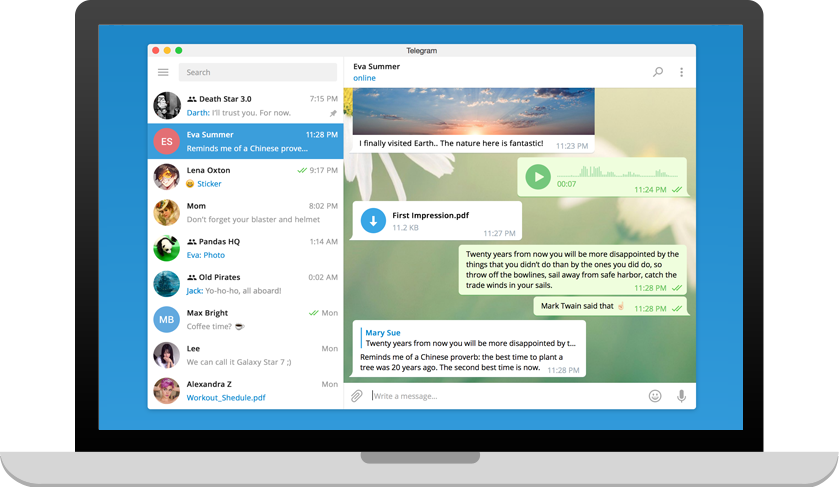 Telegram cho Windows với danh sách trò chuyện và khung hội thoại